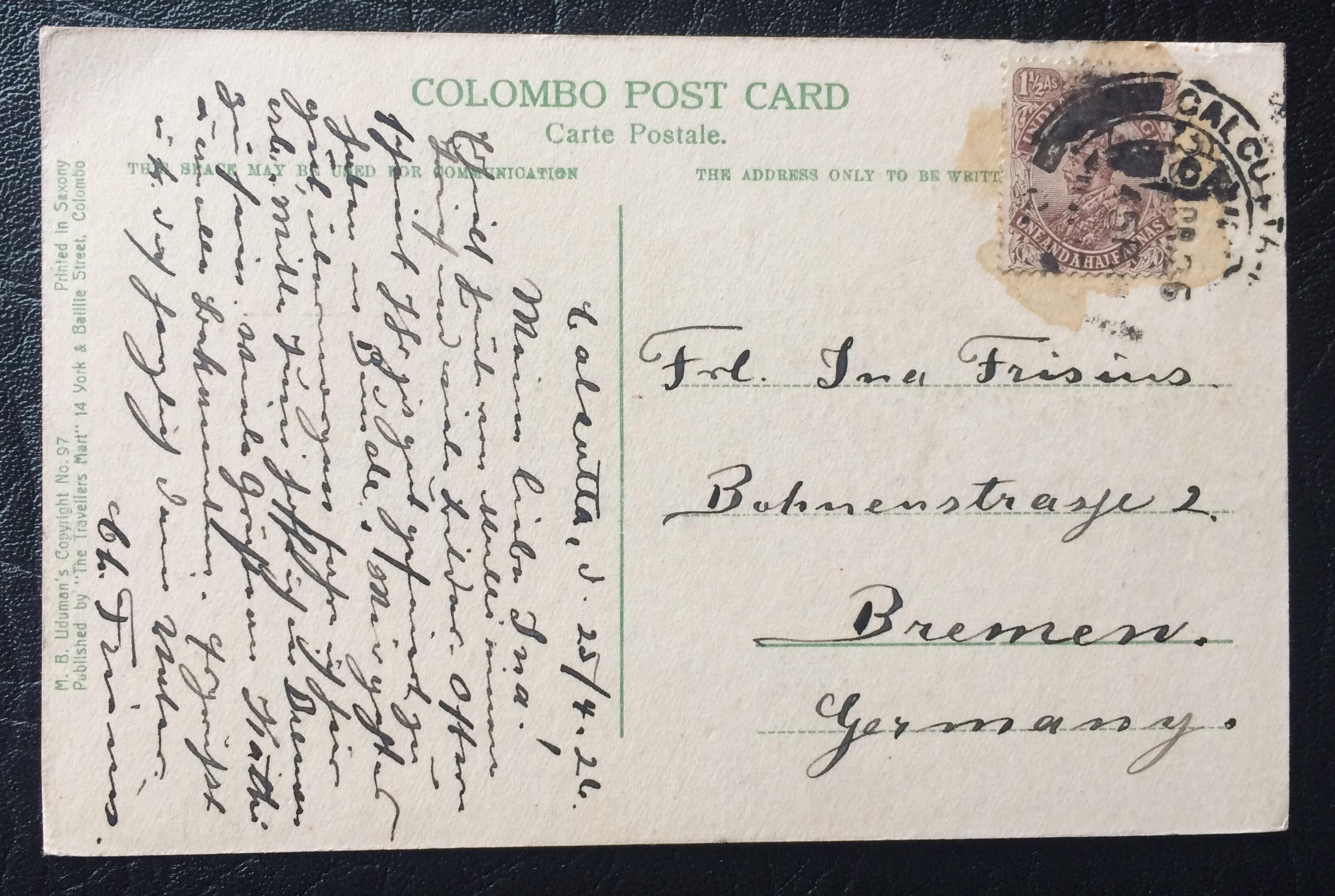 Project Postcard April 1926 Colombo Ceylon Sri Lanka fishermen back