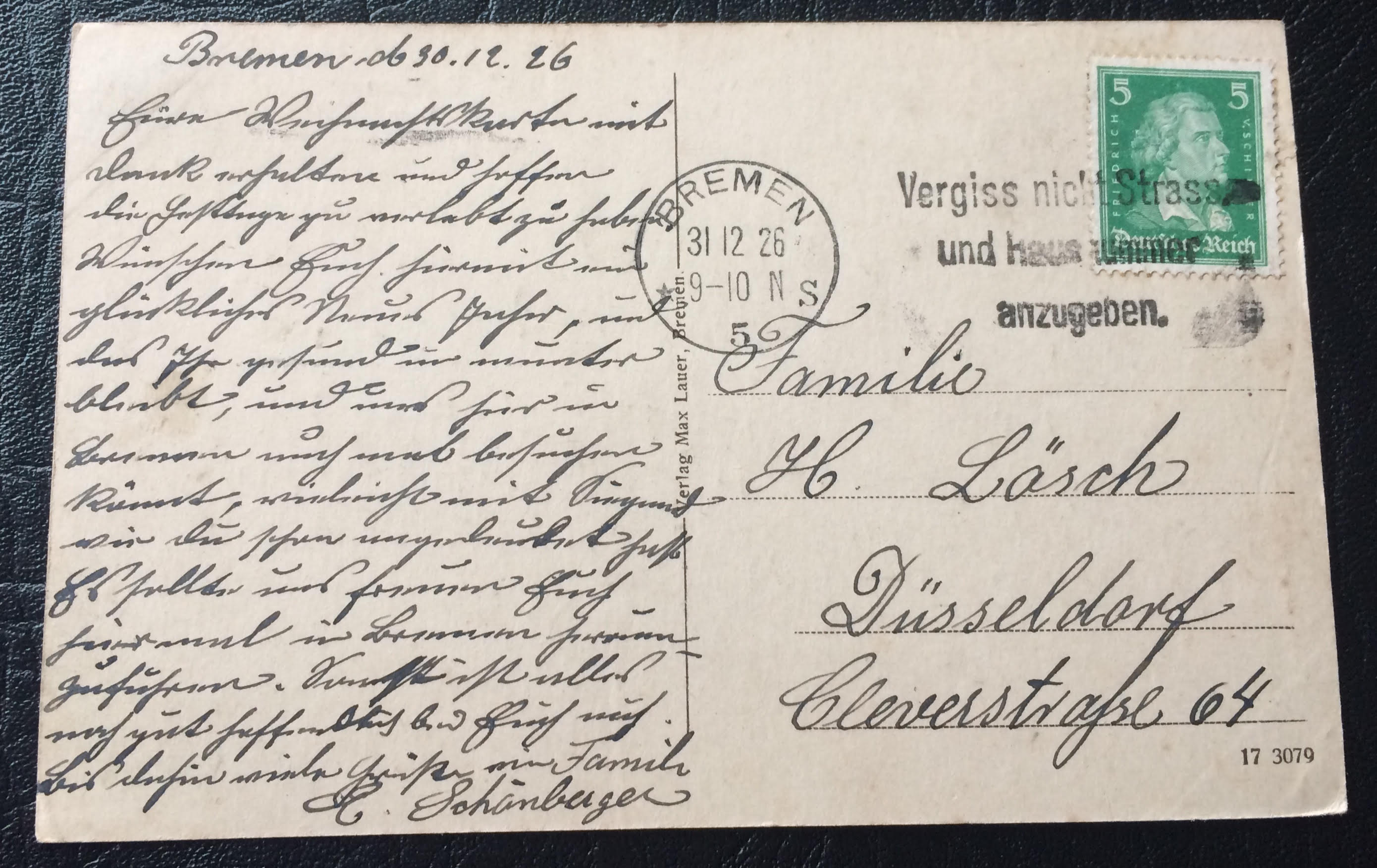 Project Postcard December 1926 Bremen Cathedral back