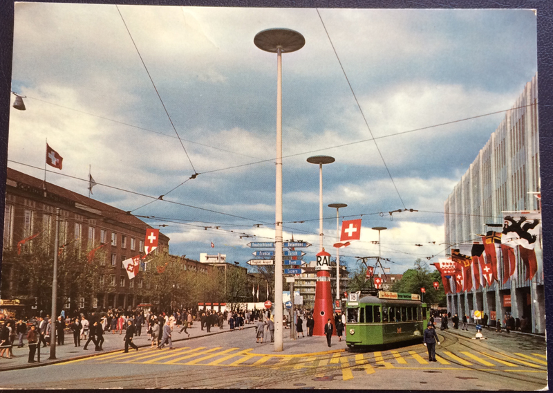 Project Postcard March 1976 Basel Switzerland street with tram front