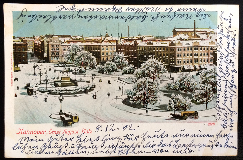 Project Postcard December 1902 - Hannover Germany Ernst-August-Platz in Winter front